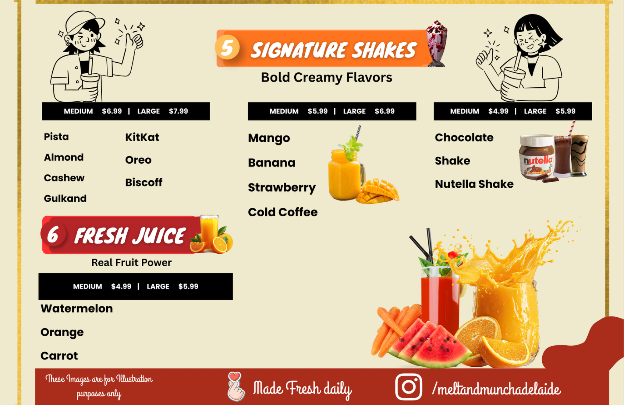 Shakes and juice menu